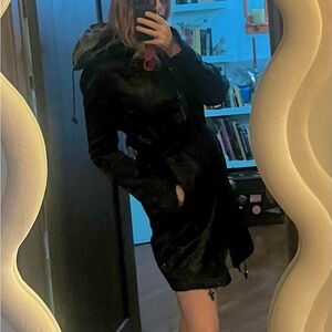 Vintage Costume National quilted black satin coat with fur collar